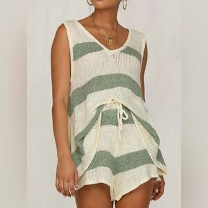 Vici V Neck Knit Shorts Sweater Set-Green Stripe